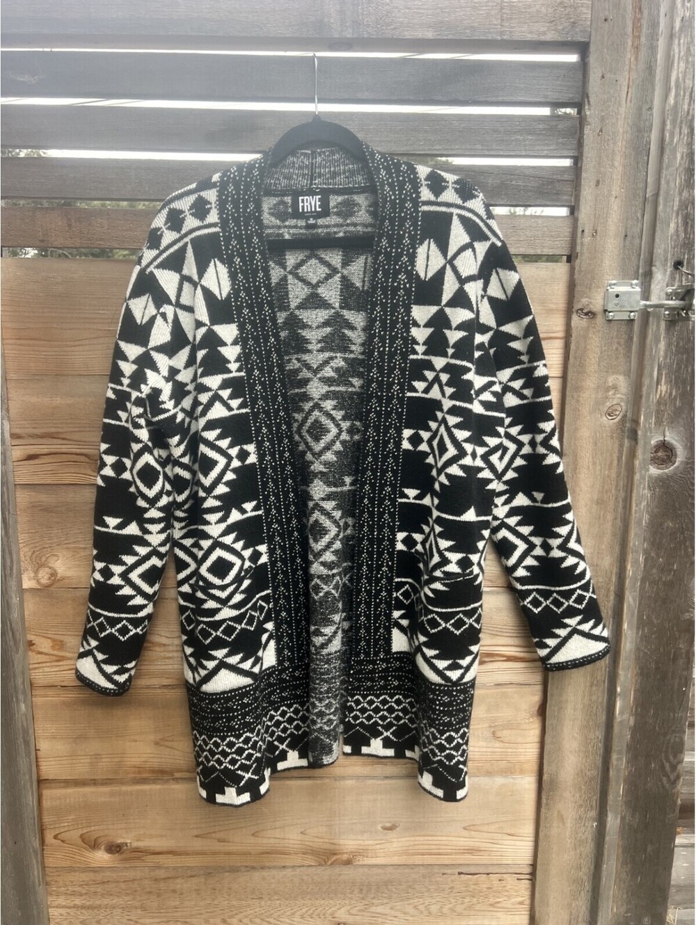 Frye Womens M Black White Fair Isle Open Front Knit Cardigan Geometric